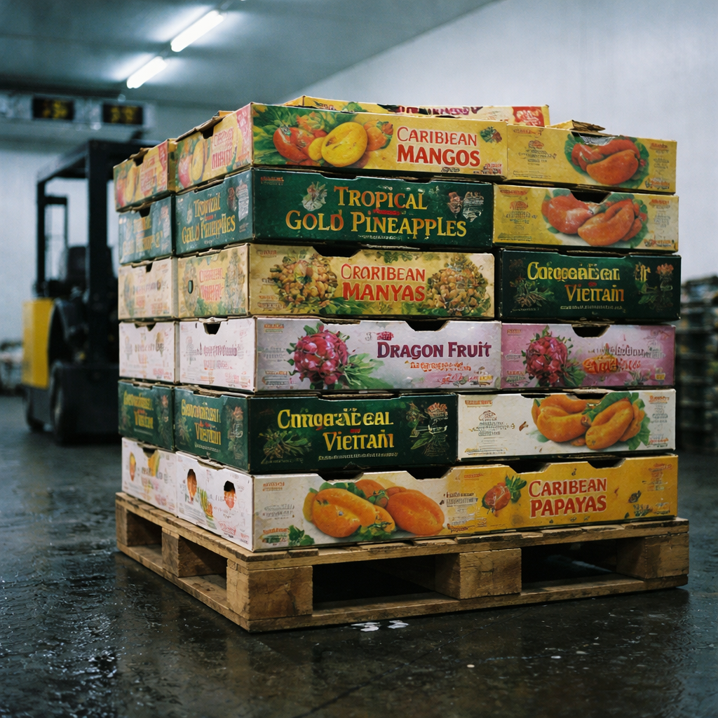 Euro-pallet of labelled exotic fruit cartons inside the Timfresh refrigerated warehouse