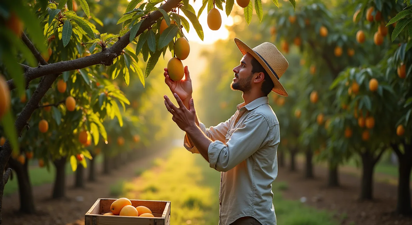 Grower checking a mango on a low branch in the orchard, harvest crate of mangoes in the foreground